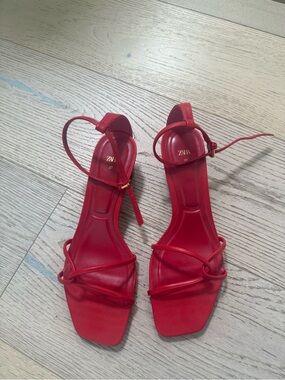 Zara Red Strappy Square-Toe Heels